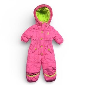 Rugged Bear Girls Pink Lime Green Hooded Footed Snowsuit Pram 12M RG63415 EUC